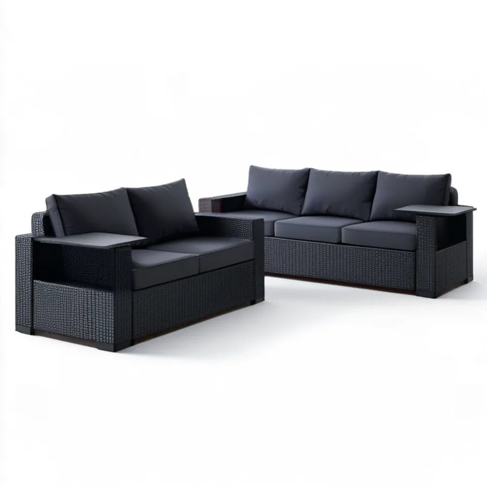 Czarny zestaw mebli ogrodowych z technorattanu PE 2+3-osobowy, 124 x 65 x 63 cm i 184 x 65 x 63 cm