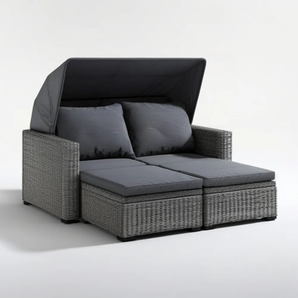 Dwuosobowa rozkładana sofa ogrodowa z daszkiem z technorattanu, szaro-antracytowo-czarna, 140 × 180 × 145 cm