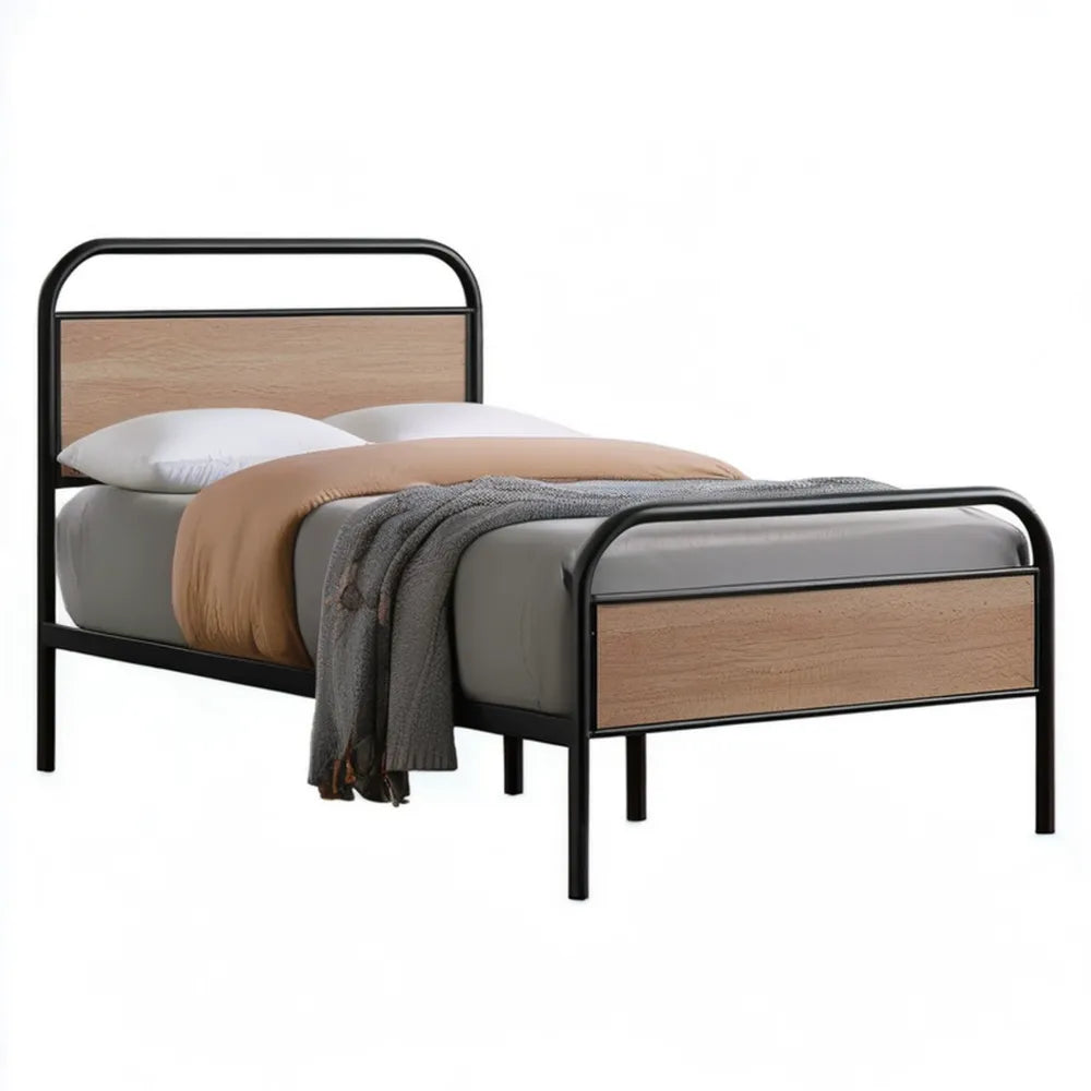 Stelaż łóżka jednoosobowego 90 x 200 cm ze stali i MDF, czarny/naturalny dąb