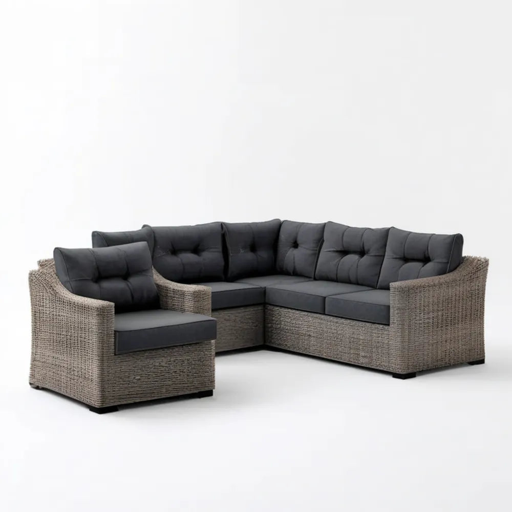 Ogrodowy zestaw wypoczynkowy z technorattanu PE, narożnik 230 x 180 x 85 cm i fotel 85 x 85 x 85 cm, szarobrązowy/czarny