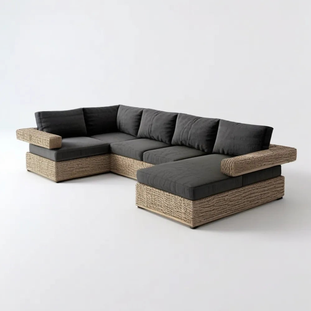 Modułowa sofa narożna ogrodowa z technorattanu Grafitowa/Beżowa 300 x 210 x 78 cm