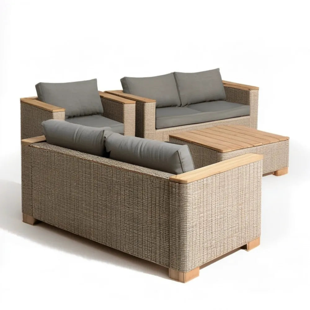 Beżowo-szary zestaw wypoczynkowy z technorattanu PE z drewnem akacjowym, sofa 132 × 75 × 78 cm, fotel i stolik