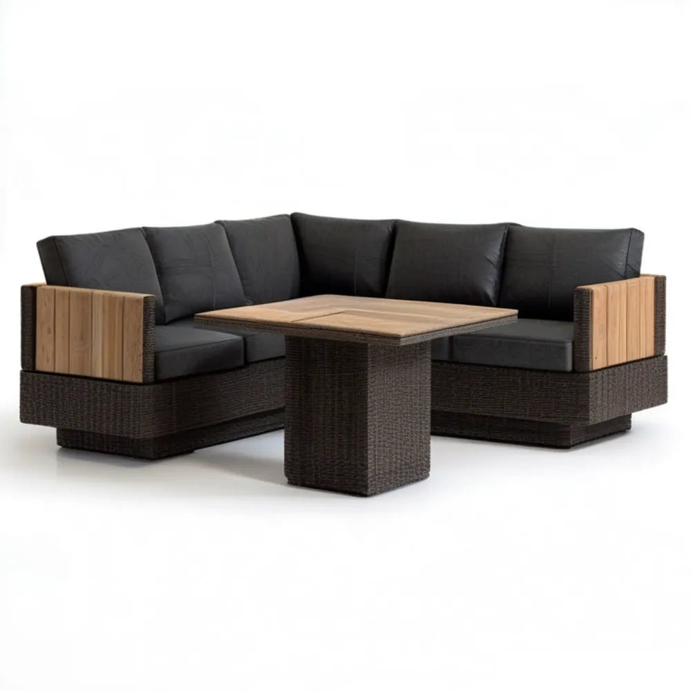 Narożny komplet ogrodowy z technorattanu PE 200 × 200 × 78 cm ze stołem 100 × 60 × 65 cm, ciemnobrązowy/czarny/naturalny brąz