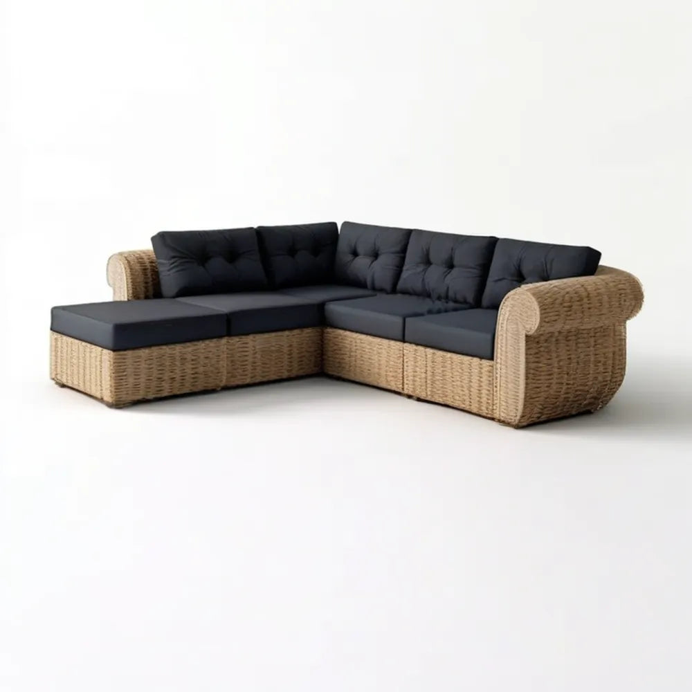Narożna sofa ogrodowa z technorattanu PE, naturalny beż/czarny, 230 × 180 × 75 cm, lewy szezlong