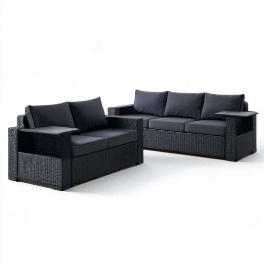 Czarny zestaw mebli ogrodowych z technorattanu PE 2+3-osobowy, 124 x 65 x 63 cm i 184 x 65 x 63 cm