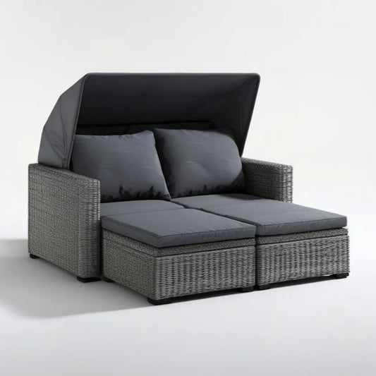 Dwuosobowa rozkładana sofa ogrodowa z daszkiem z technorattanu, szaro-antracytowo-czarna, 140 × 180 × 145 cm