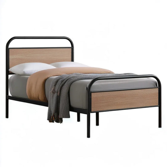 Stelaż łóżka jednoosobowego 90 x 200 cm ze stali i MDF, czarny/naturalny dąb