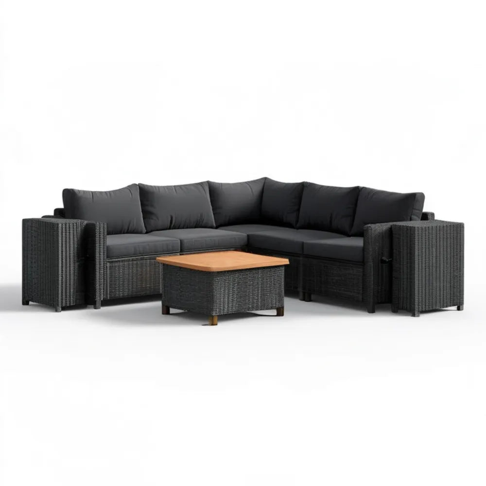 Modułowy narożnik ogrodowy z technorattanu PE Czarny/Brązowy 260 x 260 x 63 cm ze stolikiem 80 x 50 x 35 cm