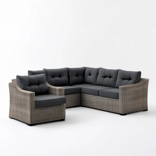 Ogrodowy zestaw wypoczynkowy z technorattanu PE, narożnik 230 x 180 x 85 cm i fotel 85 x 85 x 85 cm, szarobrązowy/czarny