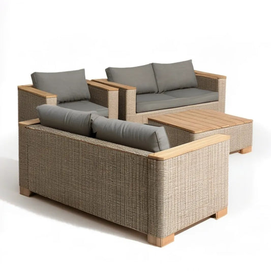 Beżowo-szary zestaw wypoczynkowy z technorattanu PE z drewnem akacjowym, sofa 132 × 75 × 78 cm, fotel i stolik