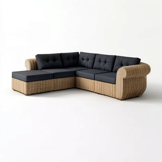 Narożna sofa ogrodowa z technorattanu PE, naturalny beż/czarny, 230 × 180 × 75 cm, lewy szezlong