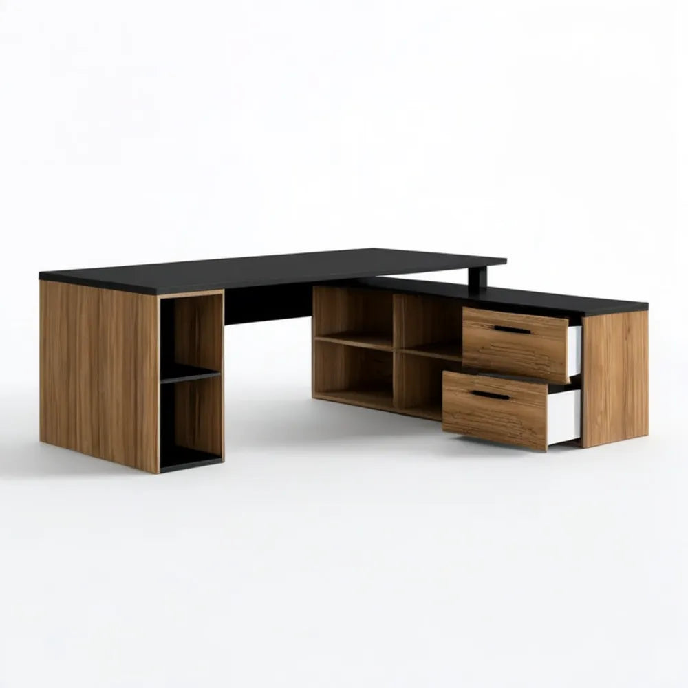 Biurko gabinetowe czarno-orzechowe z 2 szufladami i półkami, 180 x 80 x 75 cm
