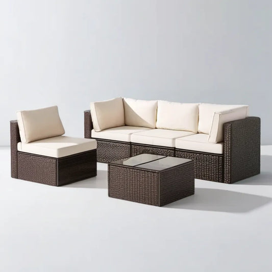 Brązowy zestaw mebli ogrodowych z technorattanu z kremowymi poduszkami, sofa 180 × 70 × 65 cm