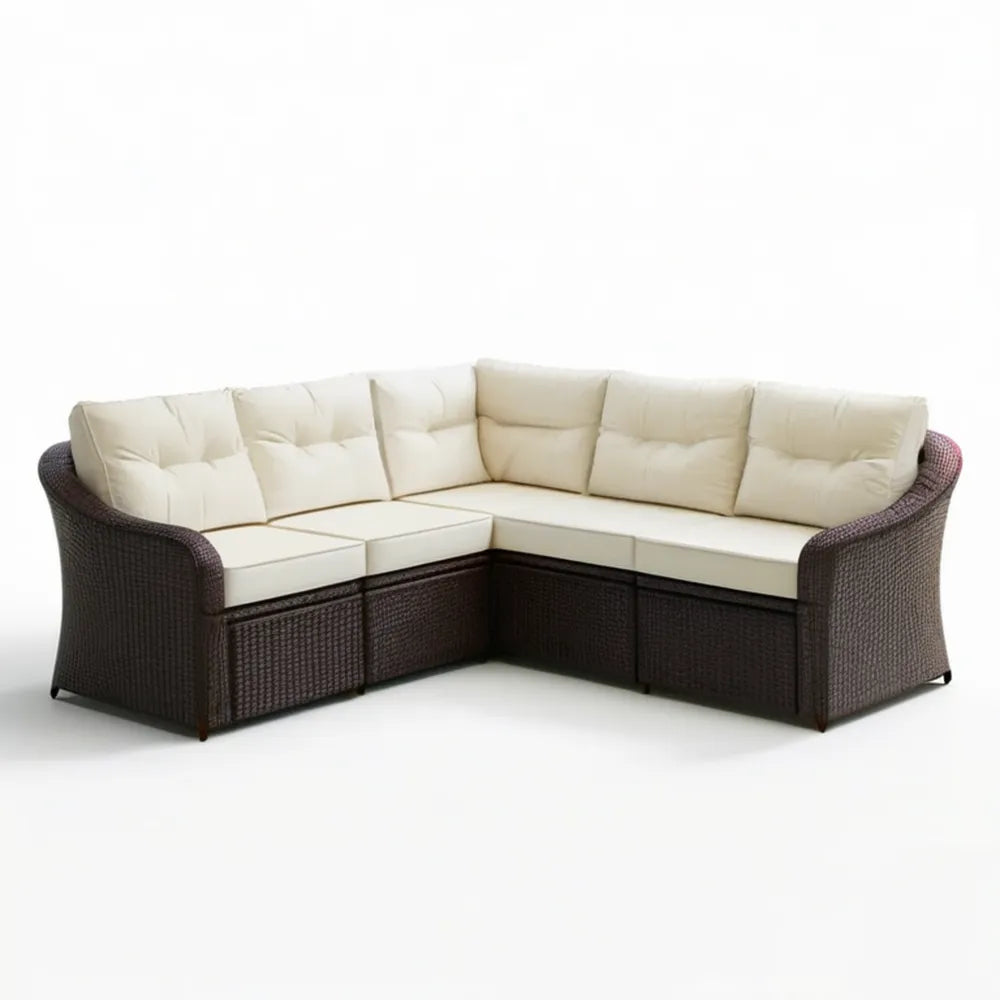 Narożna sofa ogrodowa 5-osobowa z technorattanu PE brązowa z kremowymi poduszkami, 270 × 270 × 85 cm